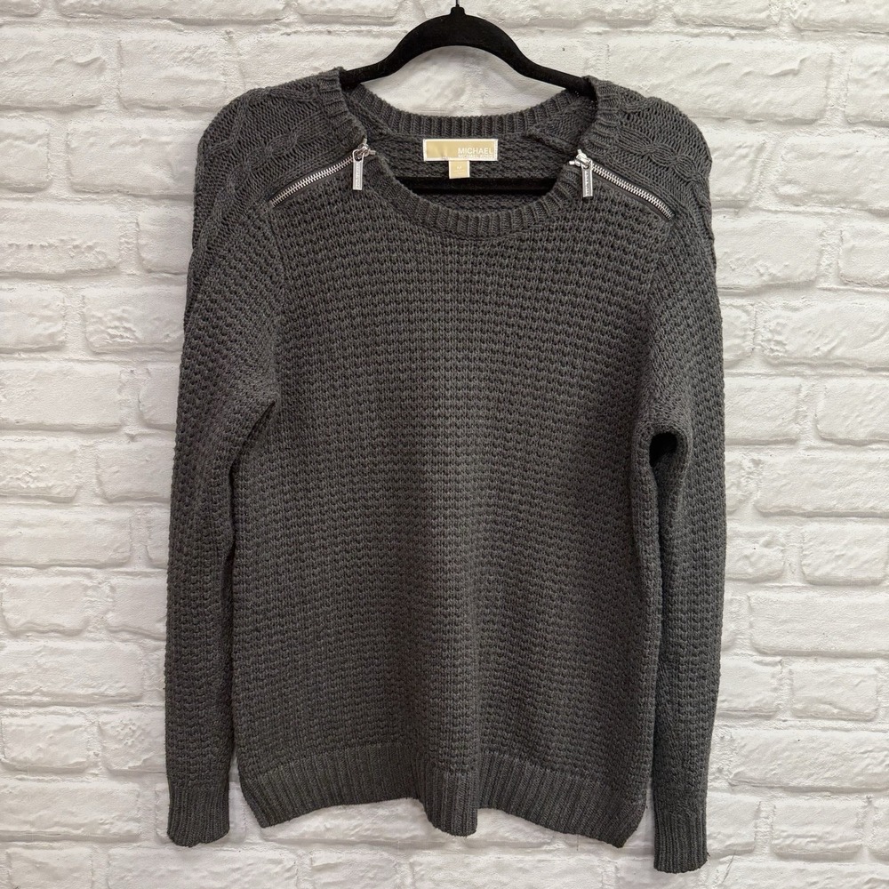 Michael Kors Womans Cable Knit Chunky Sweater Gray Sz M Cable Knit Zipper Accent